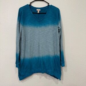 LOGO Lori Goldstein Ombre V-Neck Long Sleeve Tunic Top Teal Blue Size Small